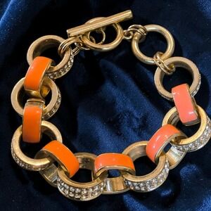 Banana Republic Coral Enamel Rhinestone Link Bracelet Gold Tone